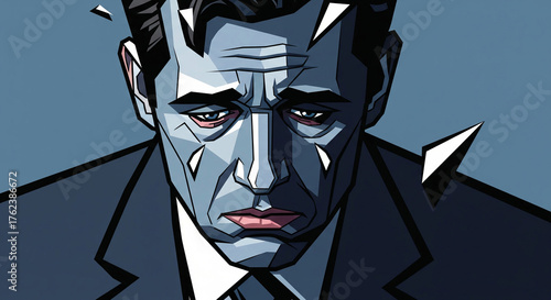 Bold geometric pop art portrait of a man expressing struggle with depression and emotional pain in a creative style