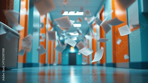 Papers fly through a hallway in a vibrant teal and orange building. An abstract image representing ideas and motion.