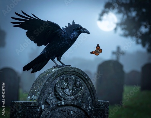 Black raven and a beautiful butterfly on a tombstone in a graveyard at night