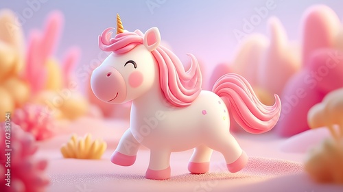 Adorable pink unicorn prancing in a magical, pastel-colored world.