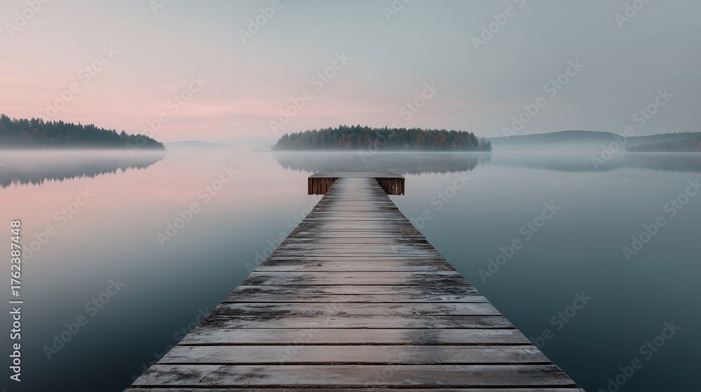 Fototapeta premium Wooden dock leading into misty lake with forest island. Peaceful nature reflection slow motion animated background.