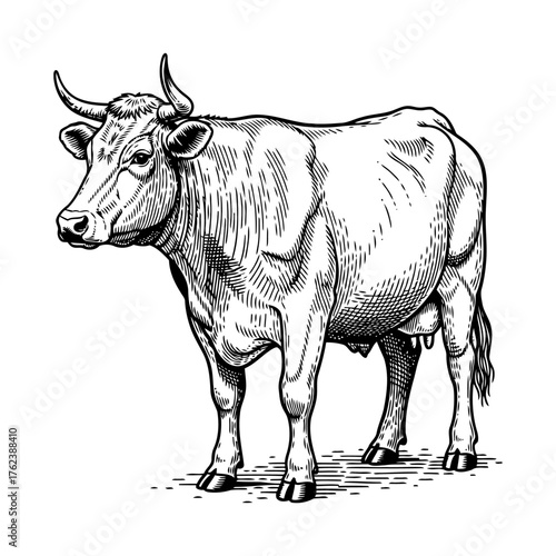 Classic black and white engraving of a standing cow in vintage etching style, detailed cross-hatching, sharp lines, and antique woodcut look.