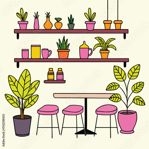 Stock image description for cartoon vector illustration set of potted plants in a kitchen interior design