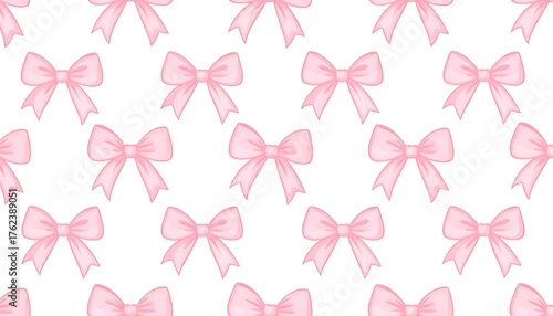An evenly distributed, cartoon-style repeating pattern of delicate pink bows against a clean white backdrop