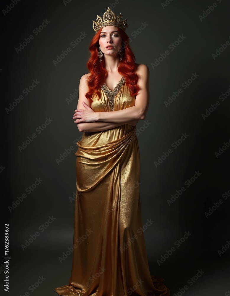 Fototapeta premium Red haired woman wears golden crown, shimmering gold toga dress. She poses with arms crossed in studio. Her regal portrait shows power, elegance, ancient goddess style, like majestic queen or empress.