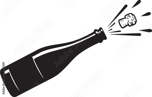 Champagne bottle with cork popping out in black and white vector