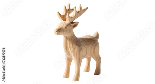 Wooden reindeer figurine isolated on transparent background for christmas decoration