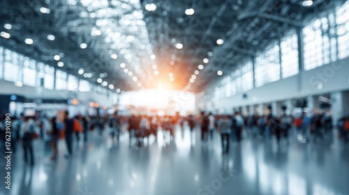 Fototapeta Naklejka Na Ścianę i Meble -  Blurred crowd of people walk through a bright, modern convention center.