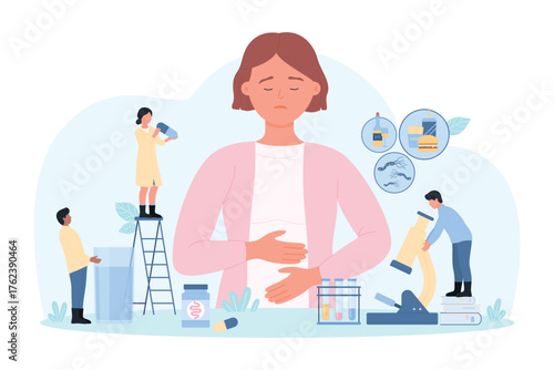 Research into causes of abdominal pain by tiny doctors vector illustration. Cartoon sick female character holding belly with symptoms of stomachache and nausea because of fast food, wine and bacteria