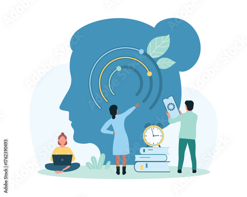 Adaptation to change, business behavior strategy, flexibility management vector illustration. Cartoon tiny people control circle sliders inside human head to adapt brain resources to work, challenge