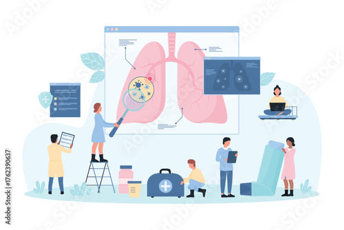 Lung examination in hospital, pulmonology vector illustration. Cartoon tiny people with magnifying glass check human lungs for respiratory infection, tuberculosis or pneumonia, bronchial asthma