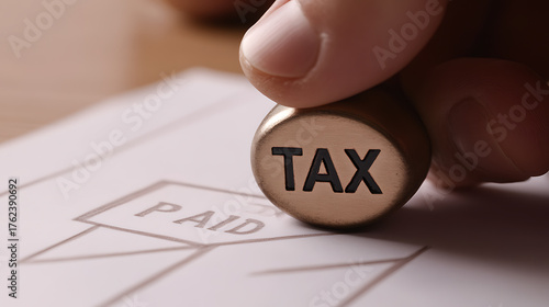 Close-up shot of a person holding a tax stamp above a document, signifying tax payment. The image represents financial responsibility and compliance with regulatory obligations.