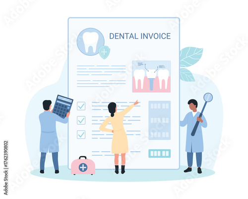 Dental insurance for tooth care, bill cost coverage vector illustration. Cartoon tiny people with magnifying glass and calculator study checklist form for treatment, orthodontic service for implant