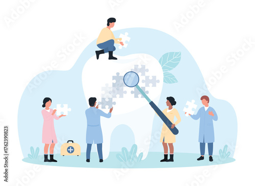 Dental treatment, dentistry vector illustration. Cartoon tiny dentists treat sensitive tooth enamel, people holding puzzle pieces to connect parts and solve patients dental problems with teeth