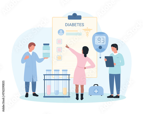 Diabetes medical checkup vector illustration. Cartoon tiny doctor characters monitor sugar blood level with glucometer, check patient health, control hyperglycemia and hypoglycemia with therapy