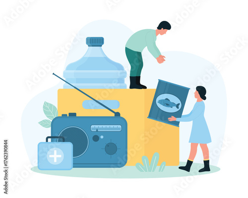 Emergency survival kit for natural disasters and accidents, evacuation preparedness vector illustration. Cartoon tiny people pack food cans and water bottles, first aid bag and radio into box