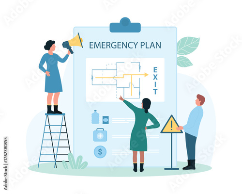 Procedure of evacuation, emergency map vector illustration. Cartoon tiny people with megaphone notice about safe exit from building in case of disasters and accidents with arrows on floor plan scheme