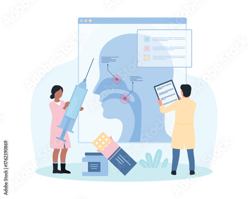 ENT clinic, otolaryngology vector illustration. Cartoon tiny otolaryngologists study medical anatomy infographic chart of ears, throat, and nose, doctors analyze respiratory system of patient