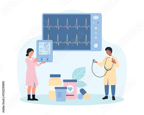 Heart rate monitor, cardiology examination vector illustration. Cartoon tiny people analyze electrocardiogram graph on screen of ECG machine, doctors measure blood pressure and pulse of patient