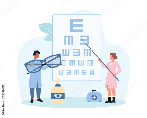 Eye health, ophthalmology vector illustration. Cartoon tiny people check eyesight with visual chart test on examination, focus correction treatment with eye drops and glasses by ophthalmologists