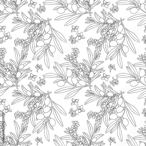 Seamless pattern drawing olive oil fruits branch. Hand drawn floral illustration olives fruit tree branches leaves background black. Drawings food. Edible foliage vector. Fabric wrapping decor menu