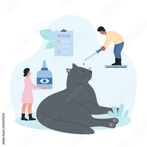 Treatment, cat care by veterinarian vector illustration. Cartoon tiny doctors holding medical bottle and pipette to put drops in animals eye in vet clinic, people protect cute kittens eyesight