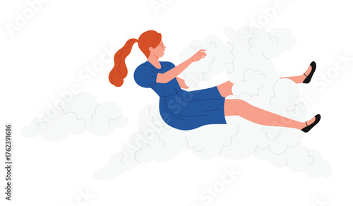 Red haired woman in blue dress riding a horse shaped cloud isolated on white vector illustration