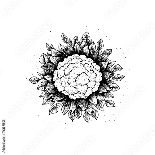 Detailed monochrome drawing of a cauliflower surrounded by leaves in a circular arrangement style