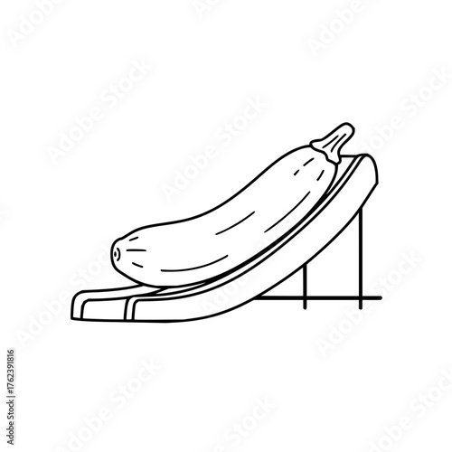 A drawing of a zucchini resting on a mandoline slicer with a black outline on a white background view