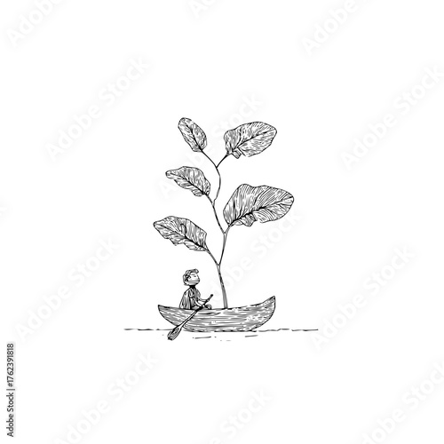 A whimsical sketch of a person rowing a boat with a large plant growing from the boat itself afloat on water