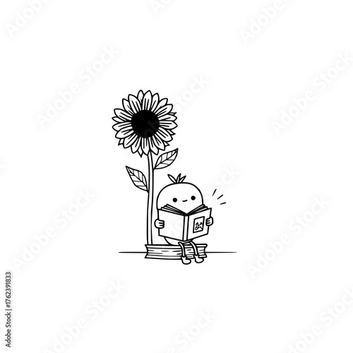 A whimsical illustration of a small character reading a book next to a large sunflower on a white background