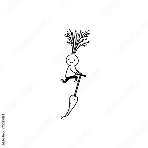 Whimsical drawing of a root vegetable character riding a carrot scooter with a happy expression seen