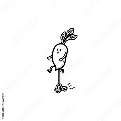Cartoon radish character riding a scooter with a happy expression and leafy top in black and white sketch