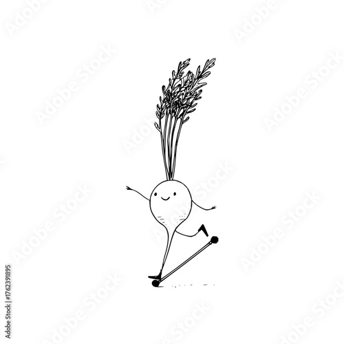 A whimsical illustration of a radish character skateboarding with a cheerful expression and leafy greens on top