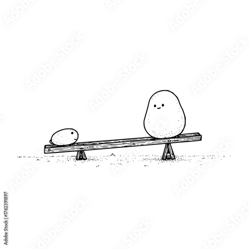 A cartoon drawing of two potatoes on a seesaw with a simple background and a cute and minimalist style