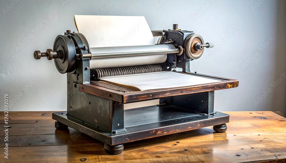 Fototapeta premium An antique printing press sits on a wooden table against a white wall, showcasing old technology
