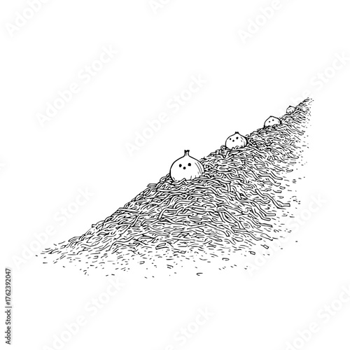 Line art illustration of onions with faces on a mound of spaghetti like noodles in black and white style