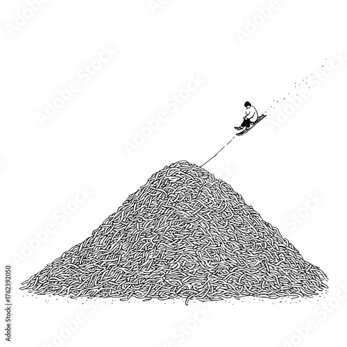 A person sledding down a mountain made of spaghetti with a minimalist black and white illustration style