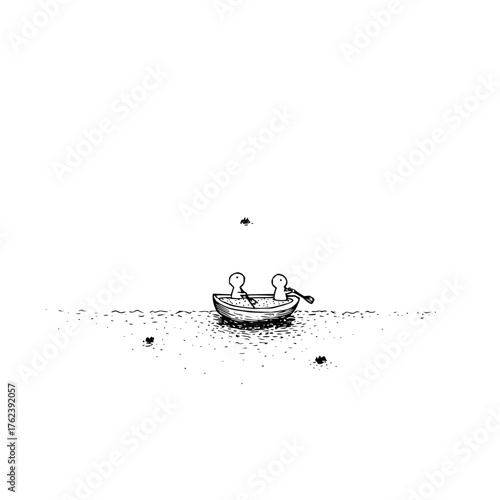 Two figures in a boat on water with an oar and a small object floating above in black and white style image