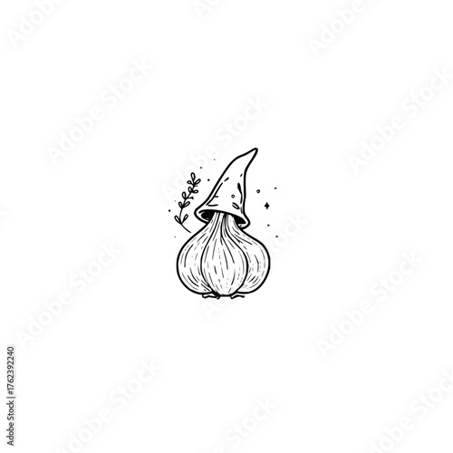 Illustration of a garlic bulb wearing a pointed hat with stars and a sprig of leaves nearby