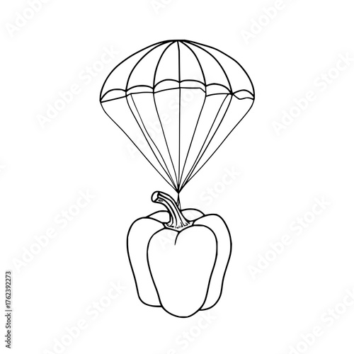 A black and white drawing of a bell pepper descending with a parachute in a minimalist style design