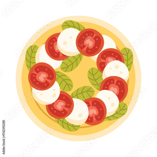 Top view of classic Italian caprese salad with tomato mozzarella basil on isolated background vector illustration