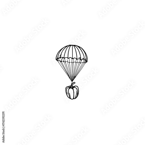 A simple black and white drawing of a pepper being delivered by a parachute in a minimalist style art work