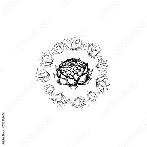 A detailed sketch of an artichoke surrounded by a circular arrangement of stylized lotus flowers artfully drawn