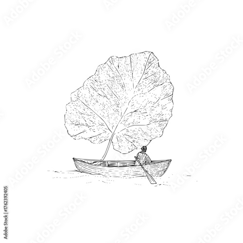 Person in a boat using a large leaf as a sail on water in a black and white sketch illustration