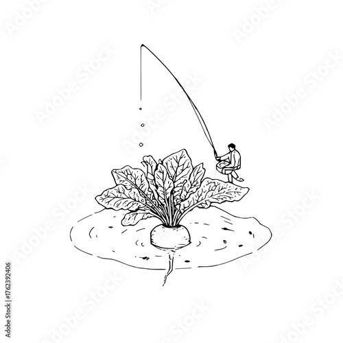 A whimsical drawing of a man fishing from a large beet with a fishing rod and some water droplets falling