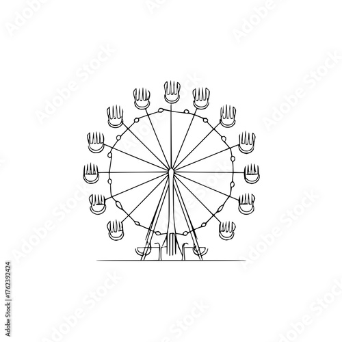 Illustration of a ferris wheel with gondolas and supporting structure on a white background scene view