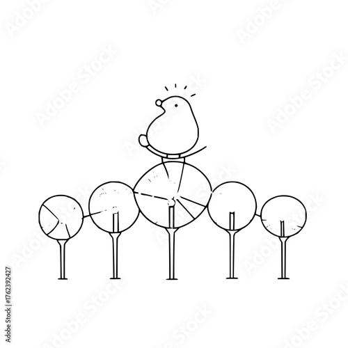 Illustration of a bird perched atop a series of stylized trees with circular canopies and thin trunks