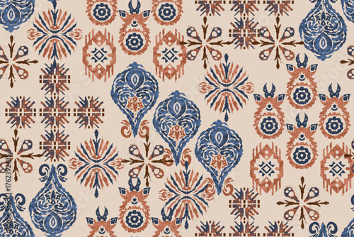 Seamless bohemian ikat floral pattern featuring intricate ethnic motifs in terracotta and Blue. Modern tribal-inspired design combines traditional geometric symmetry with handcrafted embroidery.
