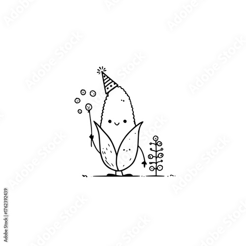 Cartoon corn character with party hat holding a wand and standing next to a plant on a white background